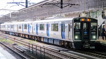 JR Kyushu BEC819 series commuter train. Battery-powered train, that can be operated on a non-electrified line; Fukuoka, Japan